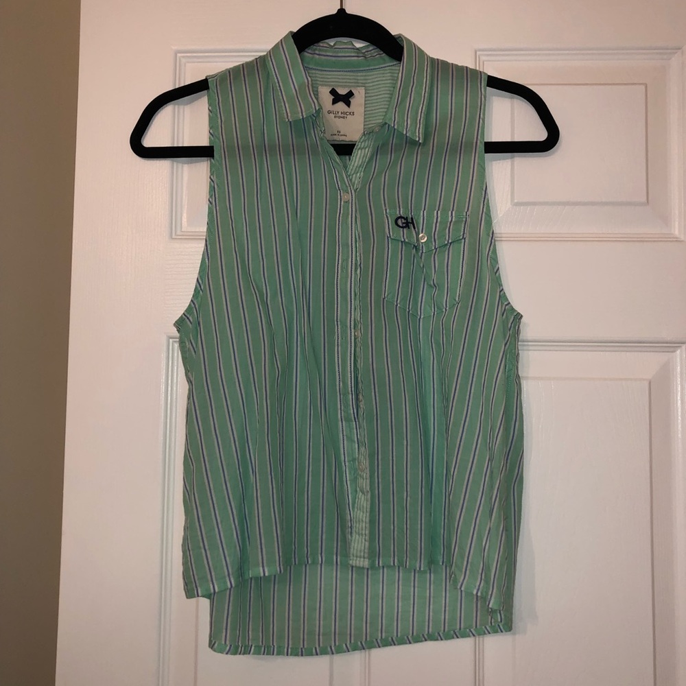 Gilly Hicks Green Striped Sleeveless Button Down